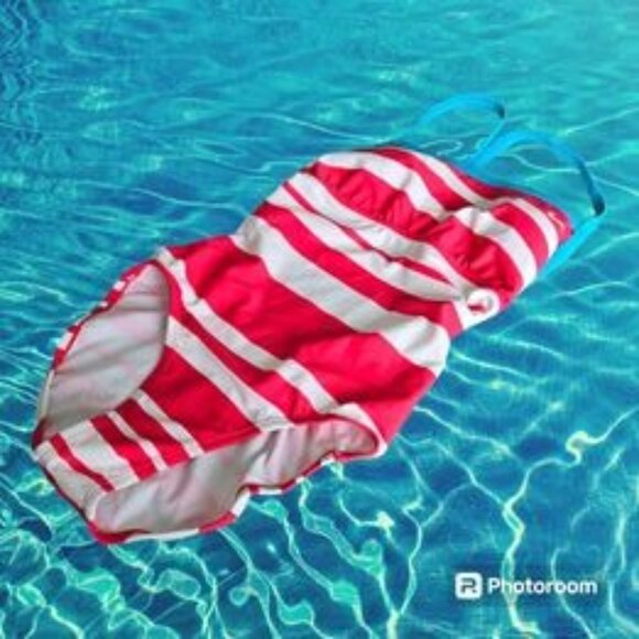 Women's Nike Swimsuit One Piece Size 8 M Red & White Striped Blue Trim Logo EUC - Picture 2 of 7